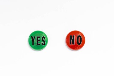 Yes No text on colored button against white background. Answer and question concept.