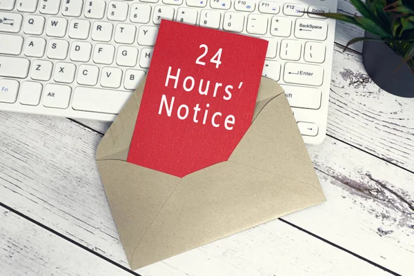 Hours Notice Text Red Note Brown Envelope Keyboard Potted Plant — Foto de Stock