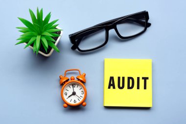 Audit text on adhesive Note with potted plant and alarm clock set at 8 o'clock. Business concept.