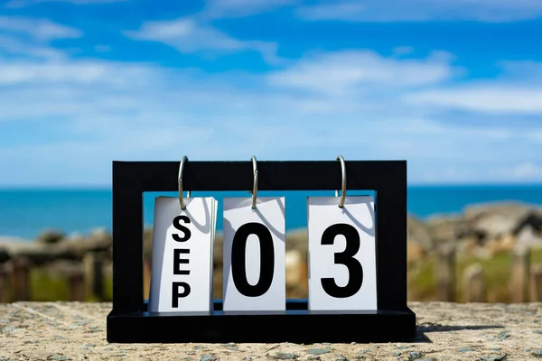 Sep Calendar Date Text Wooden Frame Blurred Background Ocean Calendar — Stockfoto