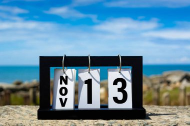 Nov 13 calendar date text on wooden frame with blurred background of ocean. Calendar date concept.