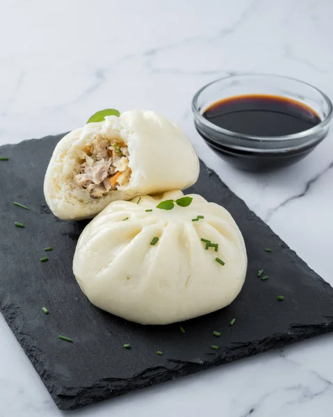 Dumplings Rellenos Carne Verduras Con Bocado — Foto de Stock