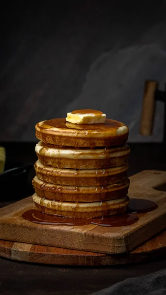 Pancake Tower Butter Syrup — Stock Photo, Image