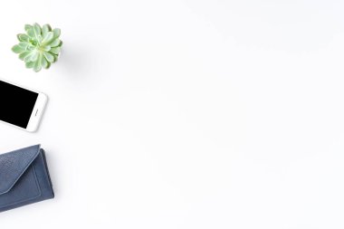 Kadın yaşam tarzı. Telefon, çanta ve yeşil çiçek beyaz arka planda izole edilmiş. Düz yatıyordu