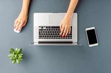 Gri arka planda bilgisayar faresi ve cep telefonuyla modern dizüstü bilgisayarda çalışan kadın eller. Ofis masaüstü. Düz yatıyordu