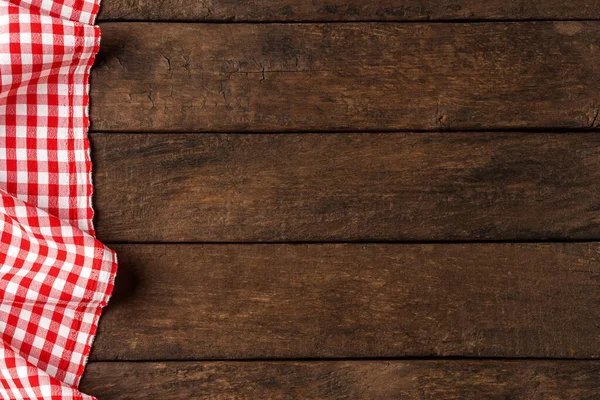 Red Checkered Tablecloth Wooden Background — Stock Photo, Image