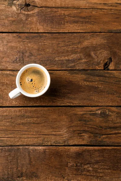 Black Coffee Cup Retro Wooden Background Copyspace Top View — Stock Photo, Image