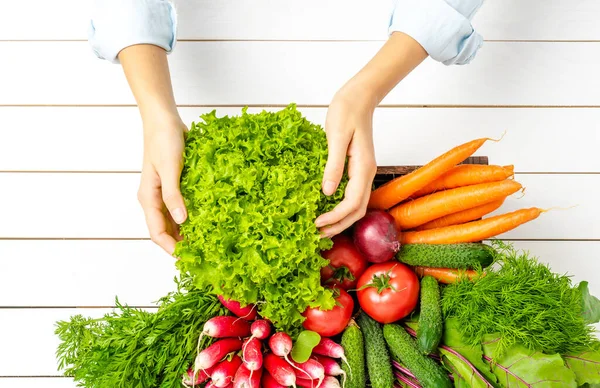 Woman Hands Holding Wooden Box Vegetables Top View — Stock Photo, Image