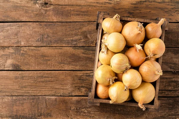 Frische Weiße Zwiebeln Schachtel Auf Rustikalem Holzgrund Mit Copyspace Ansicht — Stockfoto