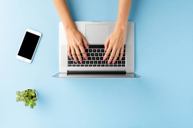 Modern dizüstü bilgisayarda çalışan kadın eller mavi arka planda aksesuarlarla birlikte. Ofis masaüstü. Düz yatıyordu