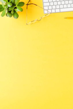 Kadın işyerinin yukarıdan çekimi. Ofis masaüstü