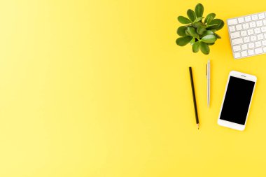 Bilgisayarlı masaüstü konsepti, cep telefonu, kalem ve küçük yeşil bitki. İş geçmişi