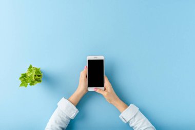 Mavi arka planda boş ekranlı akıllı telefon kullanan kadın elleri. Ofis masaüstü. Düz yatıyordu