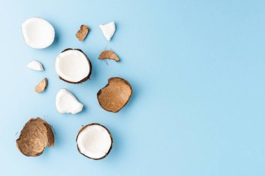 Mavi arka planda kopyalanmış hindistan cevizi. Üst görünüm