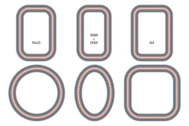 Farklı boyutlarda Meksika folk tarzı çerçeveler - 10x15 (çerçeve oranı 2: 3), 1080x1920, A4, dairesel, oval ve kare. Etnik kabile süsü. Vektör illüstrasyonu.