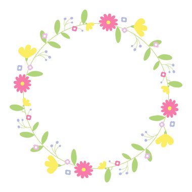 Yuvarlak çiçek çerçevesi. Düğün davetiyesi için çiçek sınırı, Paskalya tasarımı, tebrik kartları. Çiçek çelengi