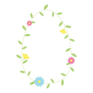 Çiçek sınırı. Paskalya yumurtası şeklinde çerçeve. Paskalya için tatil tasarımı öğesi, tebrik kartı, davetiye, broşür. Tatil dekoratif vektör çizimi.