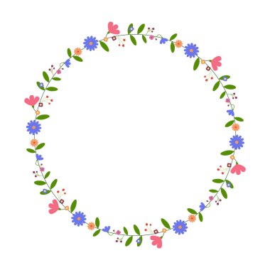 Yuvarlak çiçek çerçevesi. Çiçek çelengi. Paskalya tebrik kartı, düğün, doğum günü kartı, davetiye. Vektör illüstrasyonu.