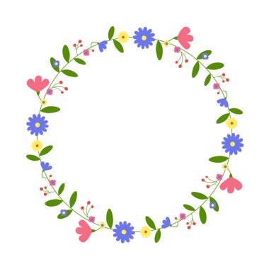 Yuvarlak çiçek çerçevesi. Çiçek çelengi. Tebrik kartı, düğün, doğum günü kartı, davetiye. Vektör illüstrasyonu.