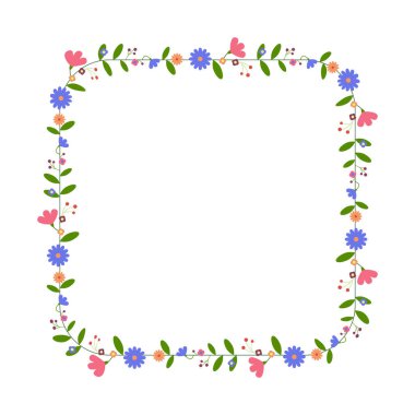 Kare çiçek çerçevesi. Çiçek çelengi. Paskalya tebrik kartı, düğün, doğum günü kartı, davetiye. Vektör illüstrasyonu.