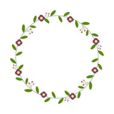 Yuvarlak çiçek çerçevesi. Çiçek çelengi sınırı. Tebrik kartı, düğün, doğum günü kartı, davetiye. Vektör illüstrasyonu.
