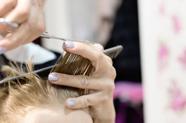Close-up of hairdresser using scissors while cutting boy's hair. 