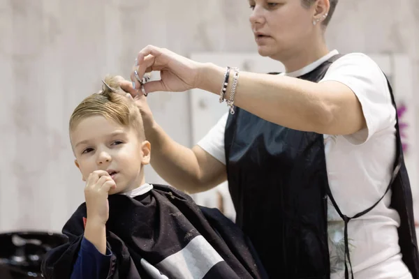 Little Boy Having Haircut Hair Salon — Photo