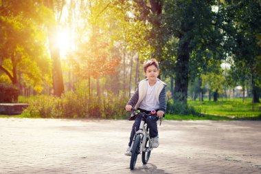Happy kid riding bicycle in city park. Small boy cycling through nature during autumn day.