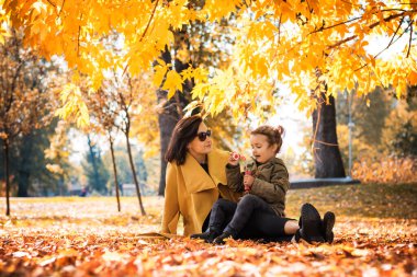 Happy little girl blowing bubbles while relaxing with mother in autumn leaves at the park. 