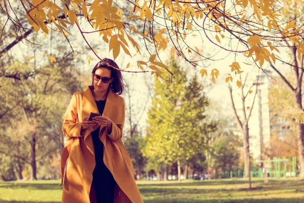 Beautiful Woman Walking Autumn Park Text Messaging Cell Phone — ストック写真