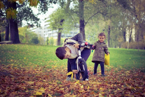 Two Kids Enjoying Nature Spending Day Together Autumn Season — ストック写真