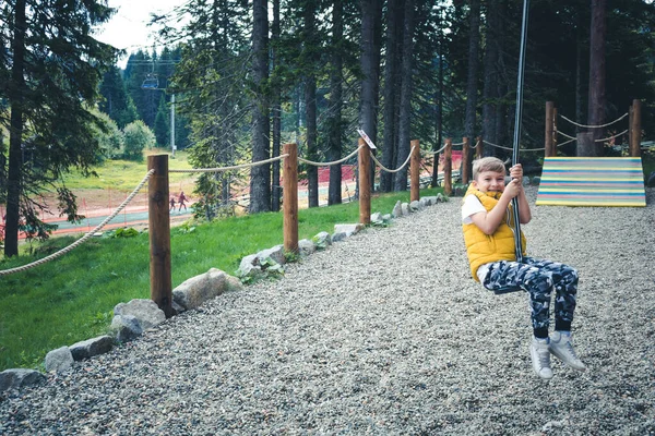 Happy Boy Zip Line Having Fun Park — Stok fotoğraf