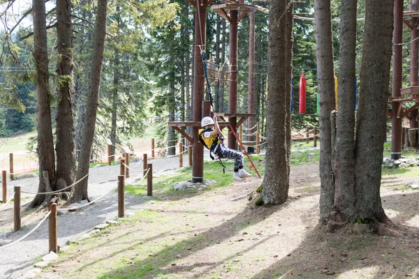 Happy Kid Having Fun While Zip Lining Canopy Tour Adventure — Stok fotoğraf