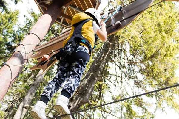 Low Angle View Walking Rope While Crossing Obstacles Canopy Tour — Stok fotoğraf