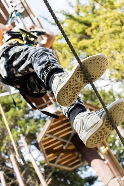 Low Angle View Child Walking Zip Line While Being Canopy — Stok fotoğraf