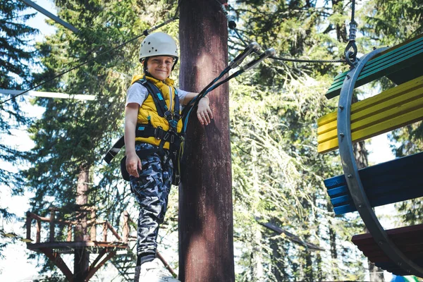 Full Length Happy Kid Standing Treetop Rope Course Nature — Stok fotoğraf