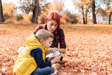 Small boy and his mother relaxing in autumn leaves and using smart phone at the park.