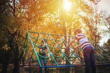 Small boys having fun while climbing on jungle gym and playing in the park on sunny day. 