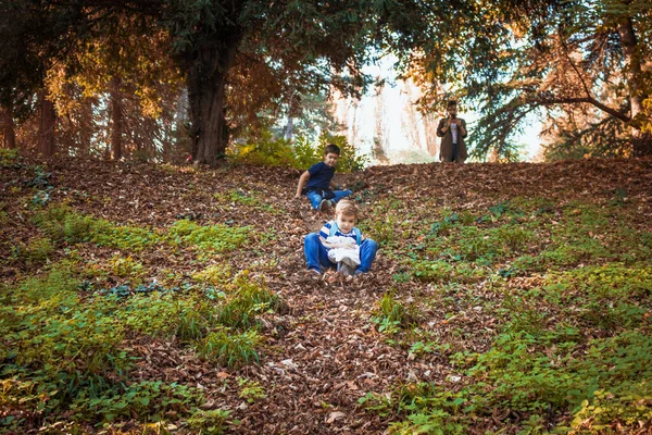 Happy Boys Having Fun While Sliding Autumn Leaves Nature — Foto Stock
