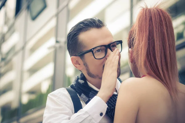 Smiling Man Whispering Something Girlfriend Ear — Φωτογραφία Αρχείου