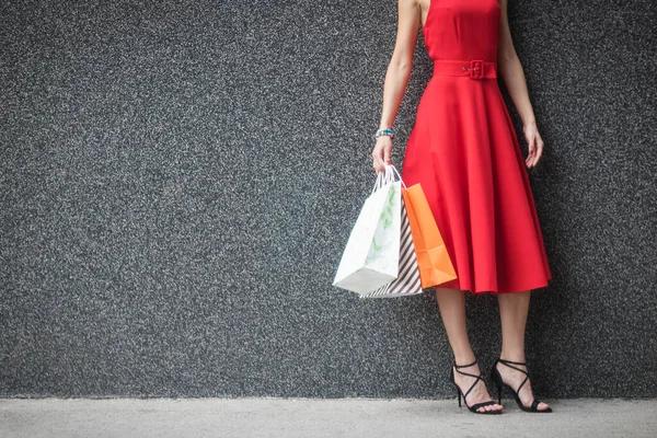 Unrecognizable Woman Red Dress Holding Shopping Bags Elegant Woman Shopping — ストック写真