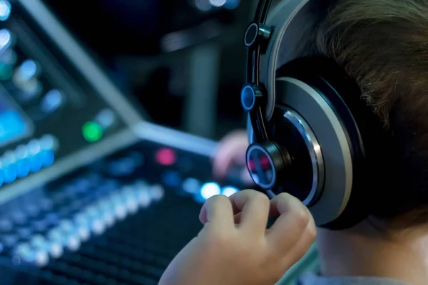 Close Kid Headphones Playing Music Control Panel — Stock fotografie