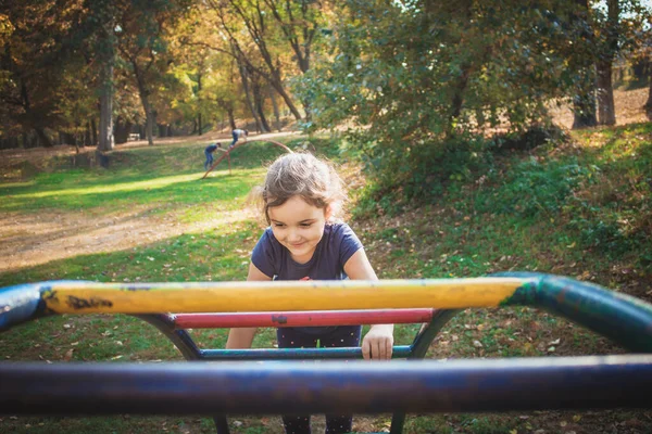 かわいい女の子は自然の中で遊び場にいる間に登る — ストック写真