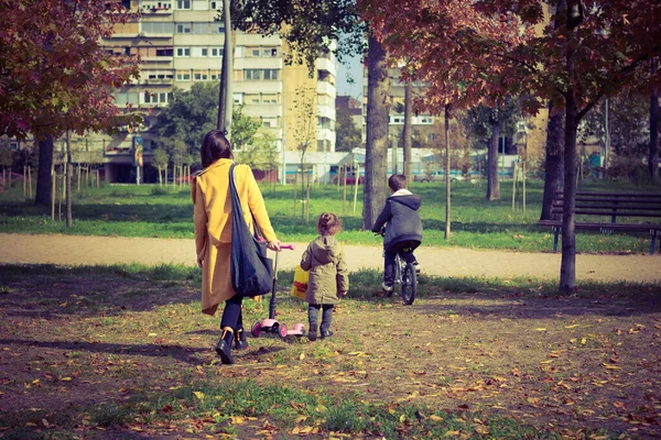 Annenin Çocuklarıyla Vakit Geçirip Parkta Yürüdüğünü Görmek — Stok fotoğraf