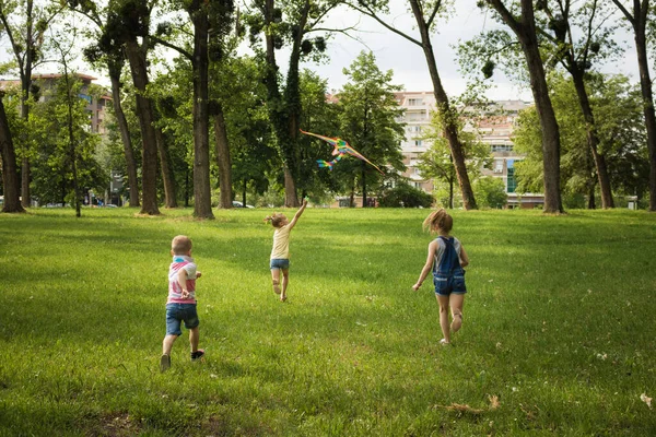 Uçurtma Uçuran Parkta Koşan Çocuklar — Stok fotoğraf