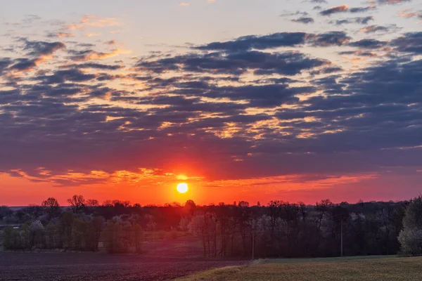 Солнце Встает Горизонта Фоне Разноцветных Облаков Небе — стоковое фото