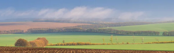 Landscape View Green Fields Fog Morning Village Ukraine — Stockfoto