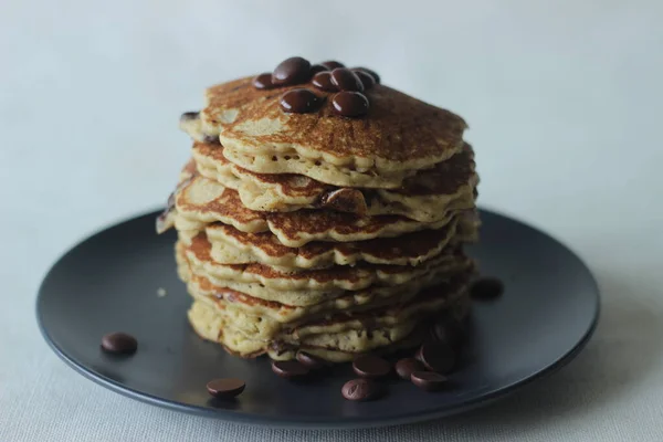 Stack Oats Choco Chips Pancakes Coffee Breakfast Healthy Pancakes Made — Stock Photo, Image