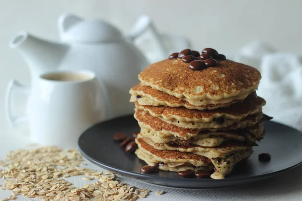 Stack Oats Choco Chips Pancakes Coffee Breakfast Healthy Pancakes Made — Stock Photo, Image