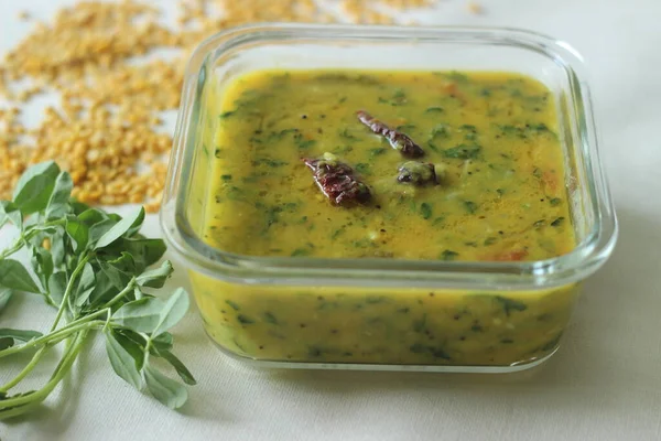 Lentil Curry Prepared Fresh Fenugreek Leaves Commonly Called Methi Dal — Stockfoto